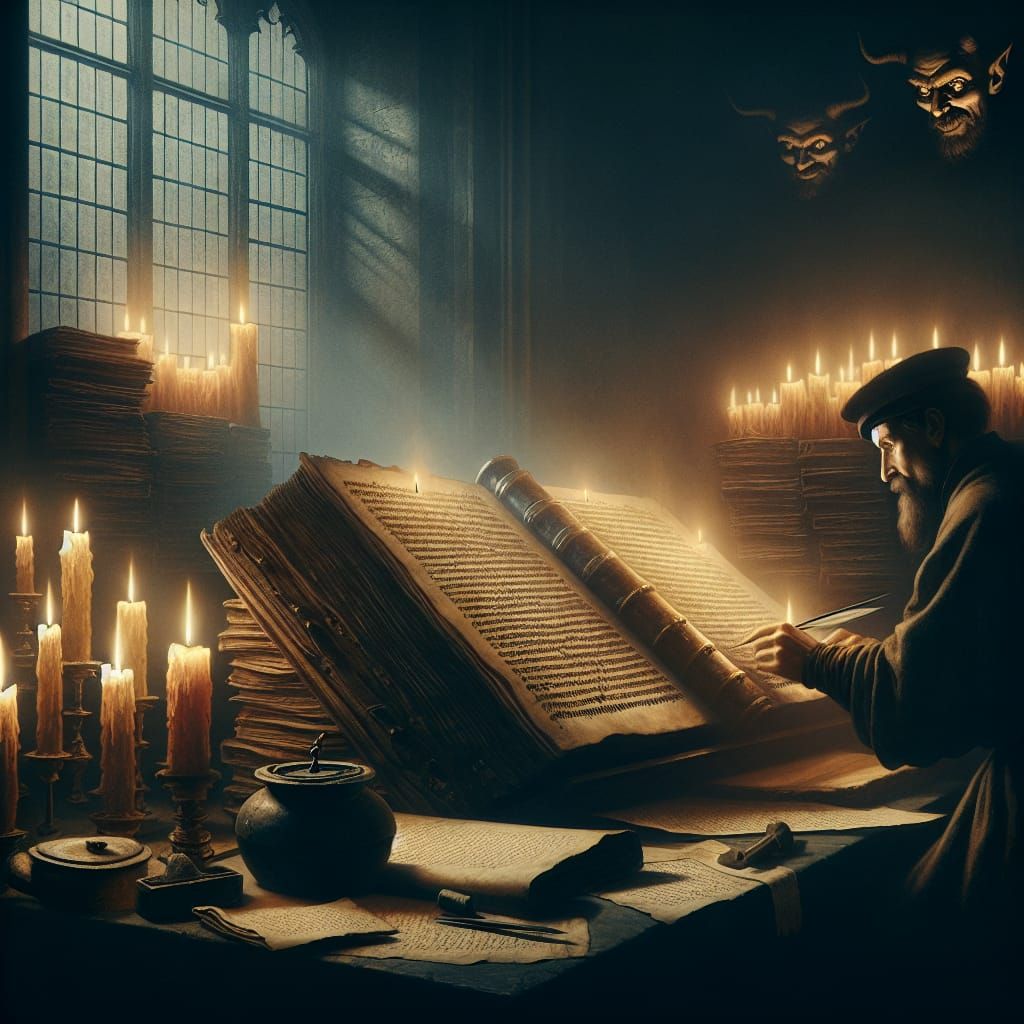 Scholar Translating Bible with Devil in Background