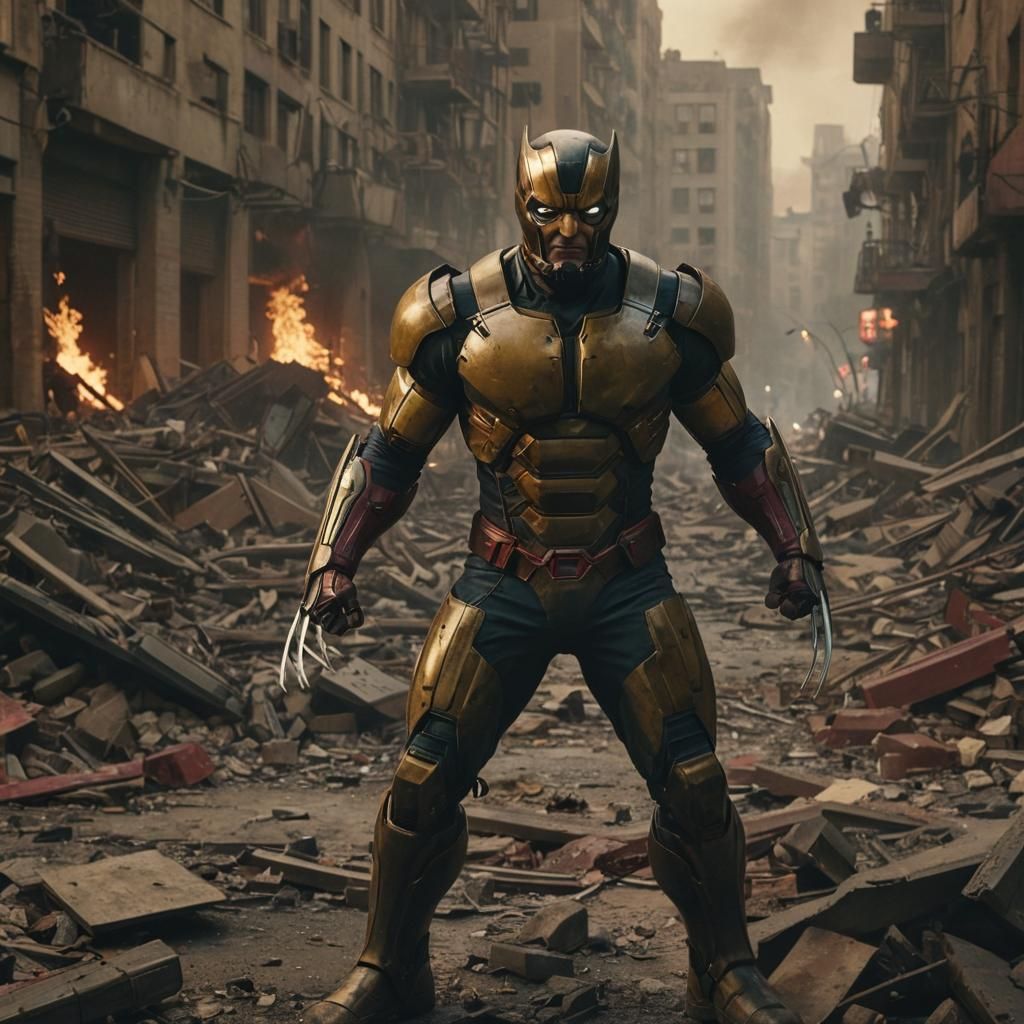 Wolverine in Iron Man Suit in Ravaged City