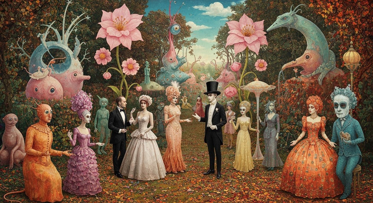 Surreal Garden Party with Dancing Mouse, Autumn Collage