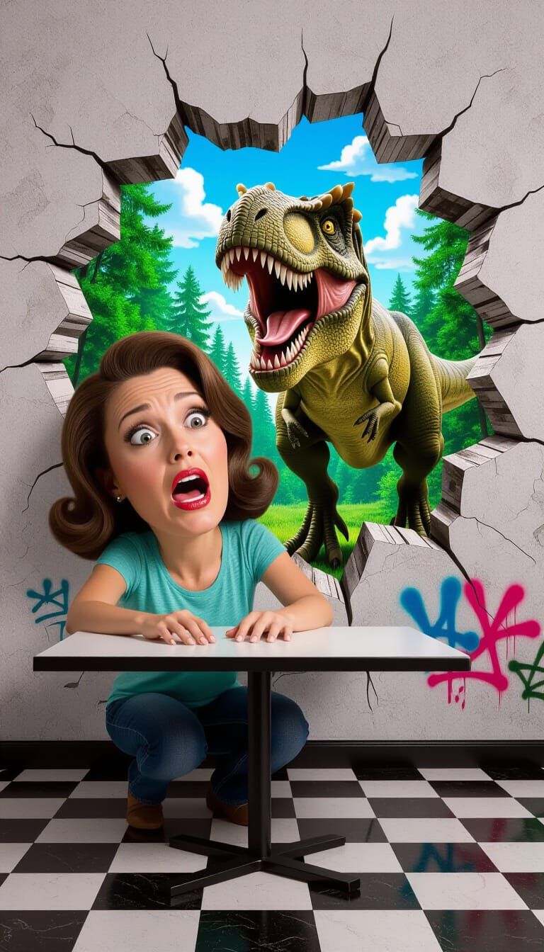 Caricature image of a woman, a large head with a shocked and...