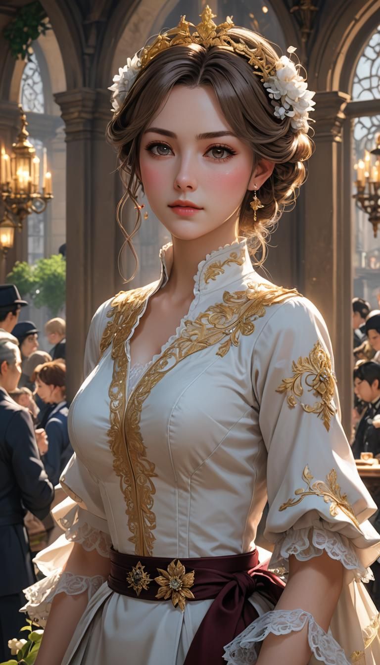 Medium shot of a beauty european wife By artist "anime", 3d anime art, inspired by WLOP, Artstation, #genshinimpact pixi...