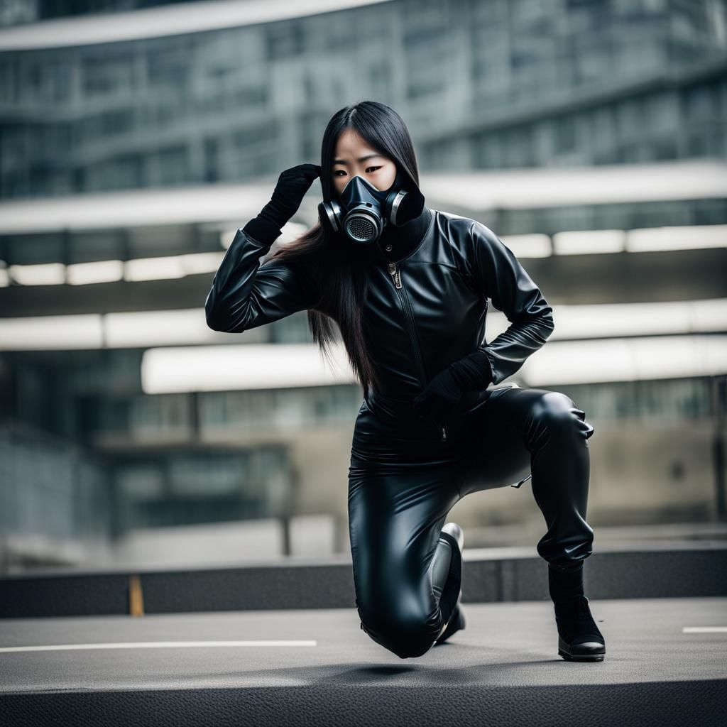 Asian Woman in Gas Mask Coughing