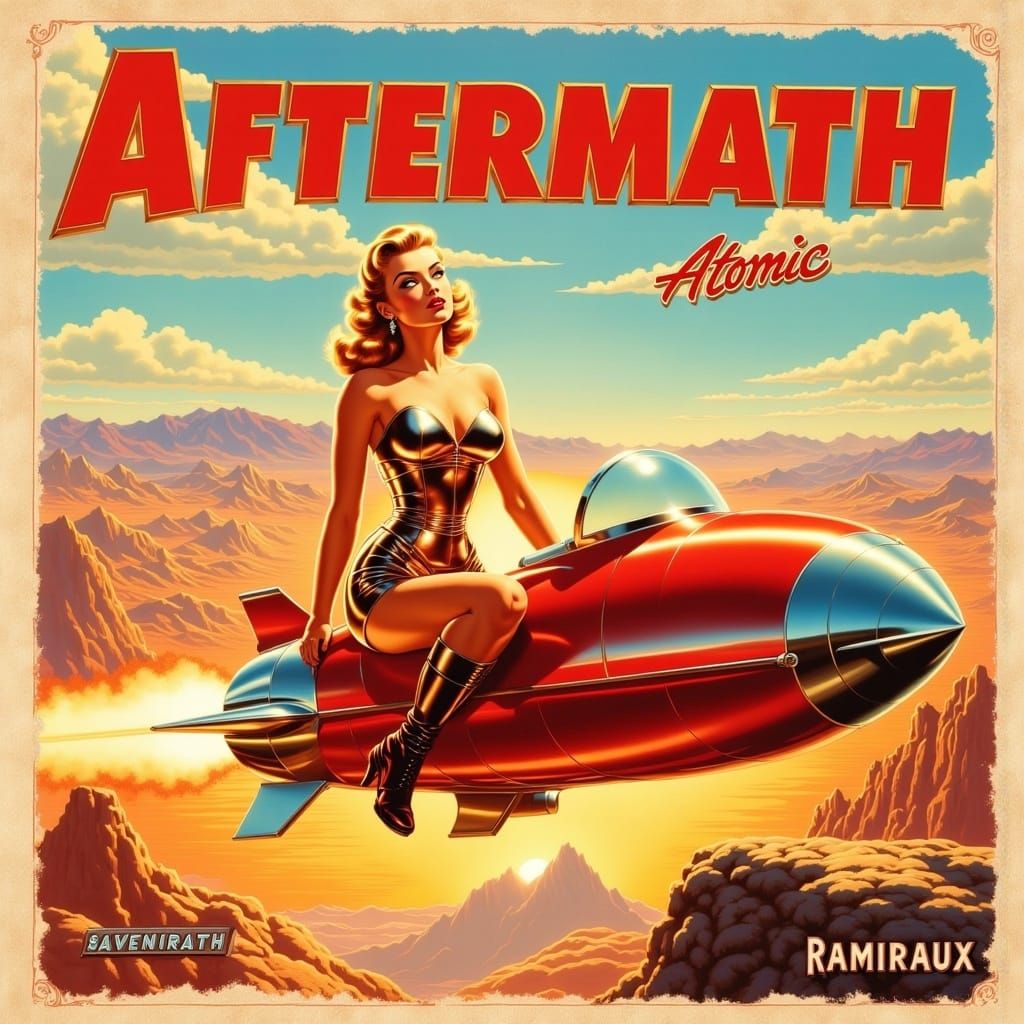 Retro-Futuristic Rocket Rider in Cherry-Red Rocket Soars Thr...