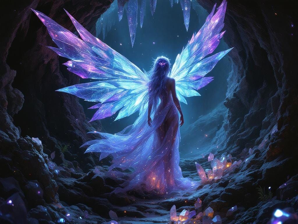 Crystal Fairy Trapped in Bioluminescent Cavern