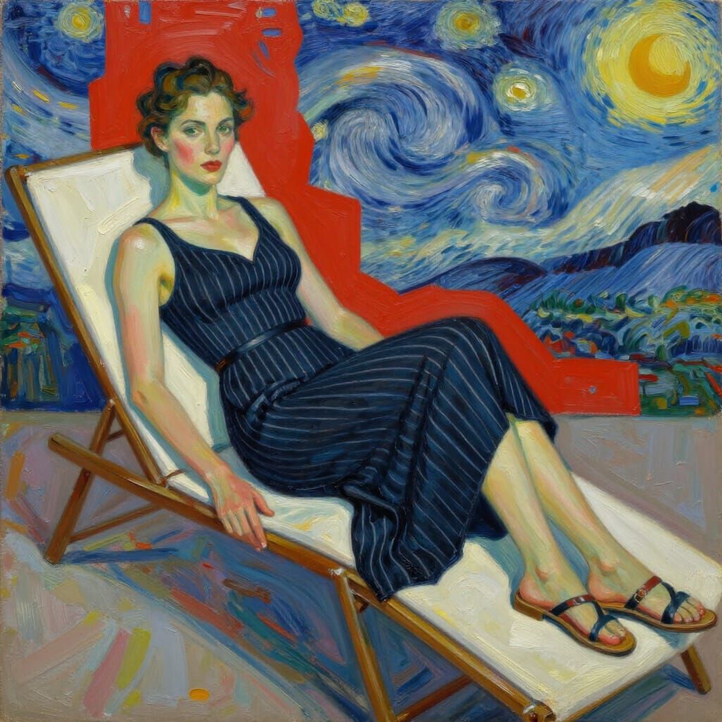 Woman Relaxing in Van Gogh Style Cosmos