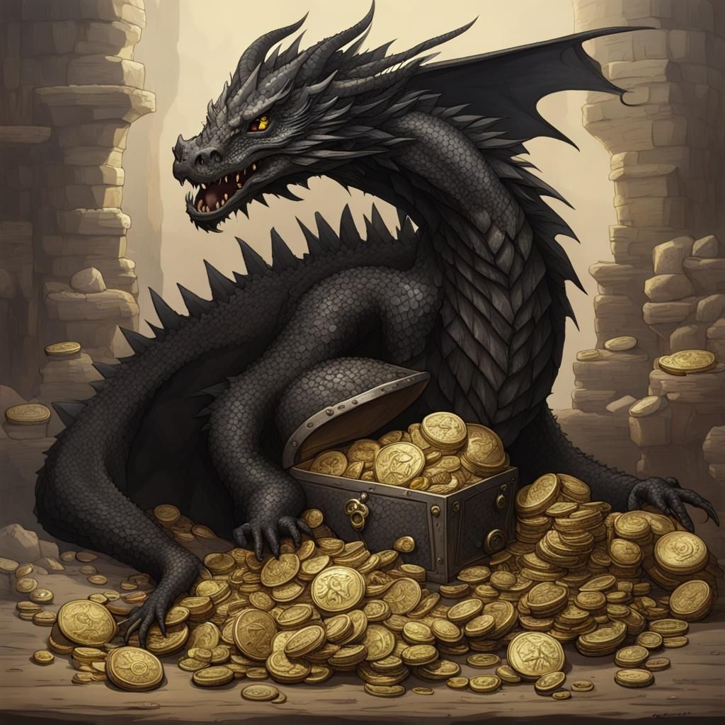 Black Dragon Guarding Treasure Hoard