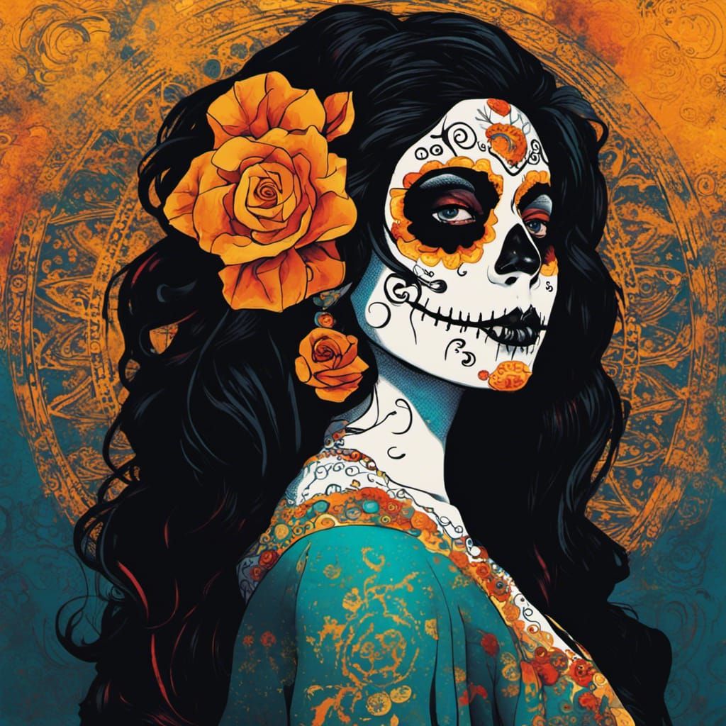 Mexican Woman in Goth Makeup, Klimt-Inspired Art