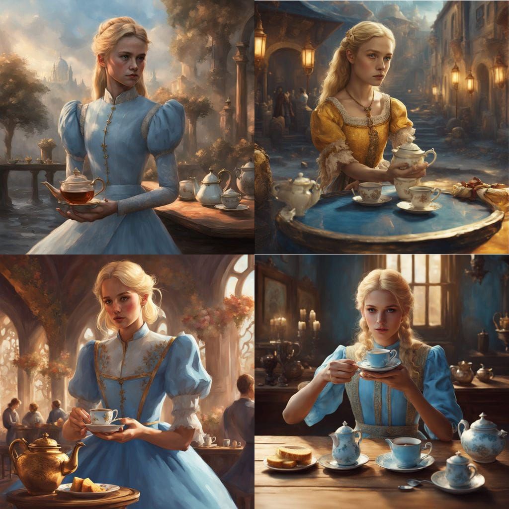 Blonde Servant Girl Serving Tea in Fantasy Art Style