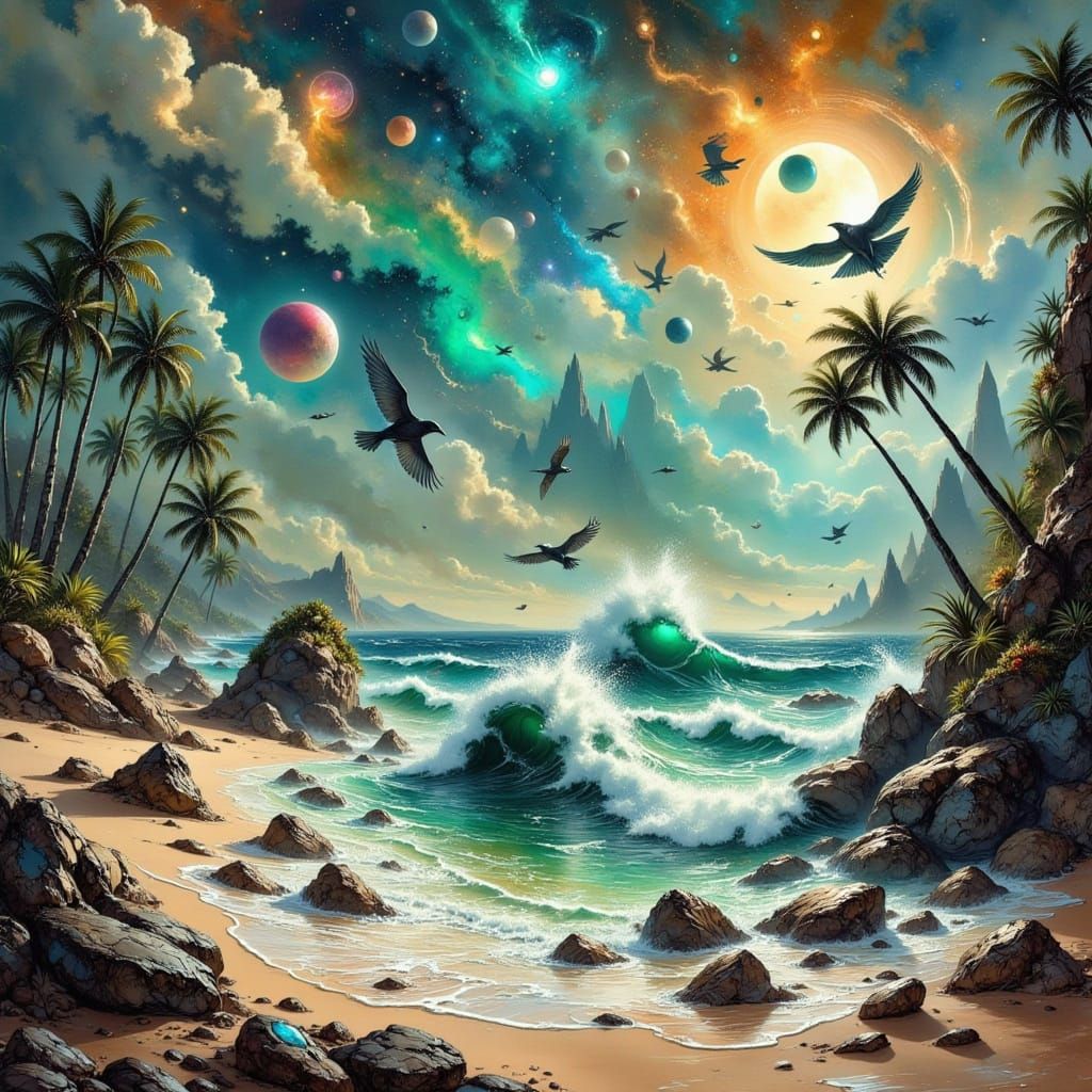 Emerald and Ruby Beach Scene in Retro Future Style