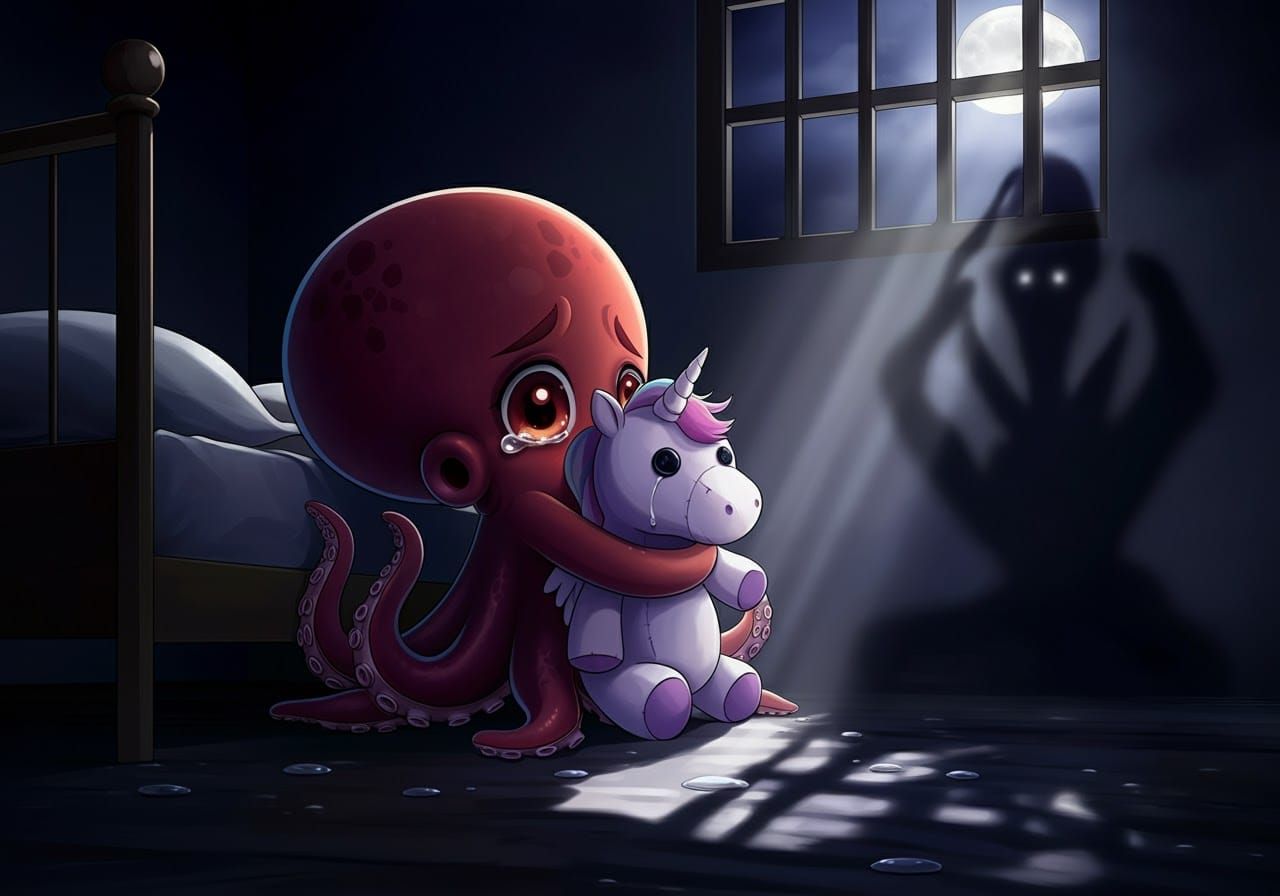 Terrified Octopus Hiding with Unicorn Toy