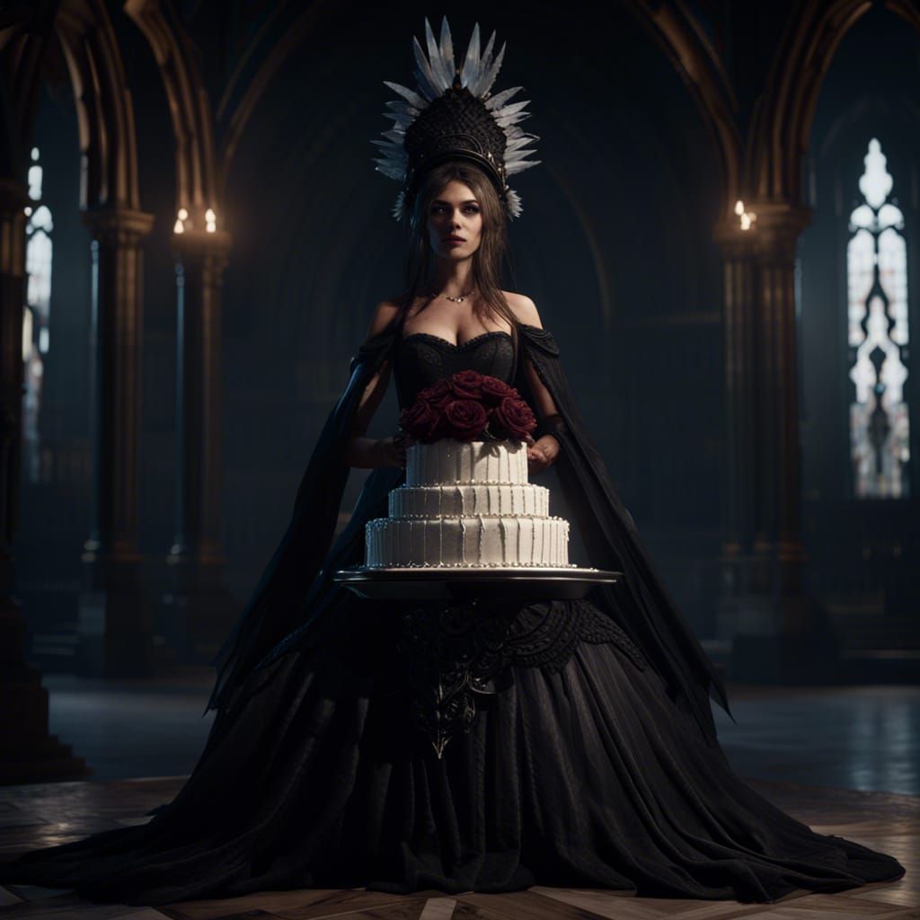 Gothic Bride with Cake in 3D Cinematic Style