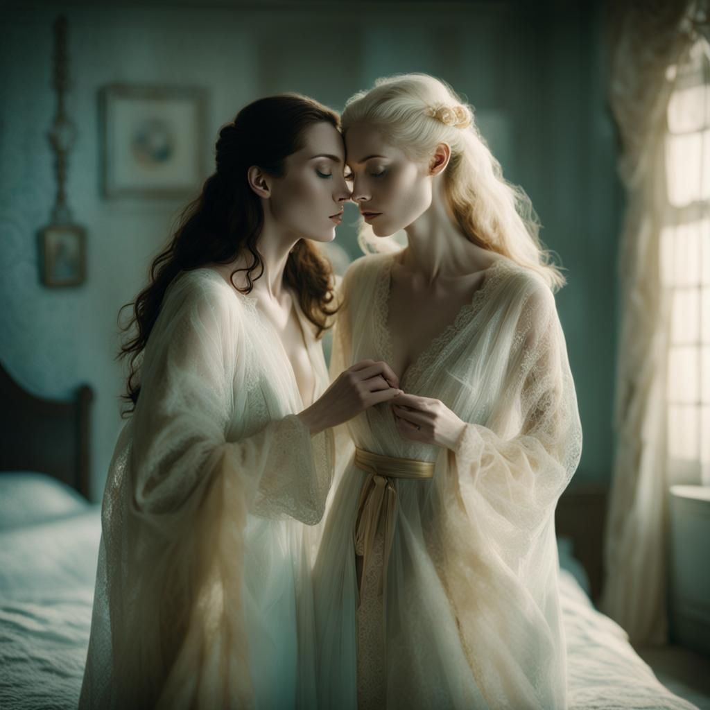 Intimate Kiss in Softly Lit Bedroom