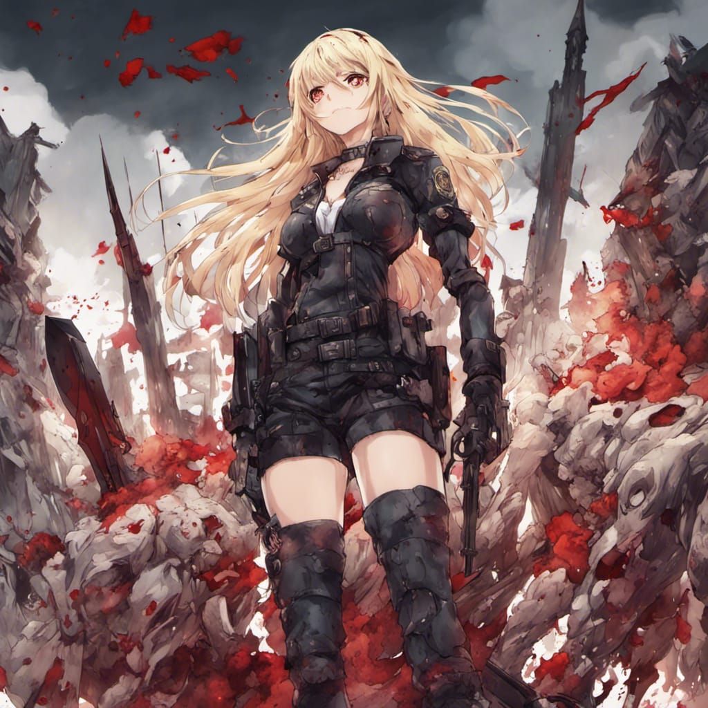 Triumphant Armored Blonde Warrior in Anime Style