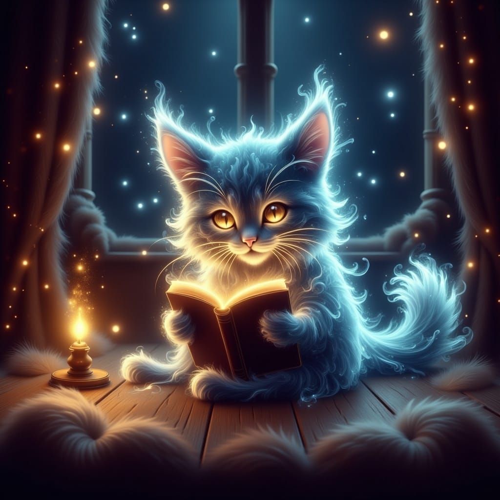 Whimsical Blue Cat in Enchanted Library