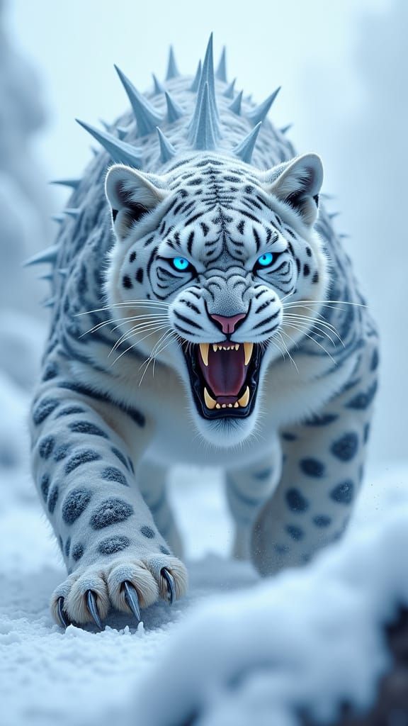 Colossal Snow Leopard Dragon Roaring in Frozen Wasteland
