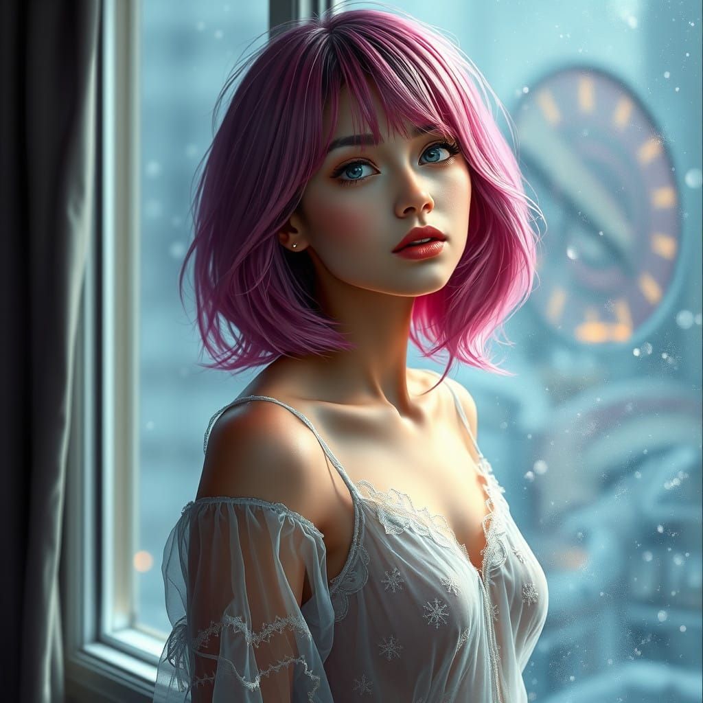 The girl is standing by the window