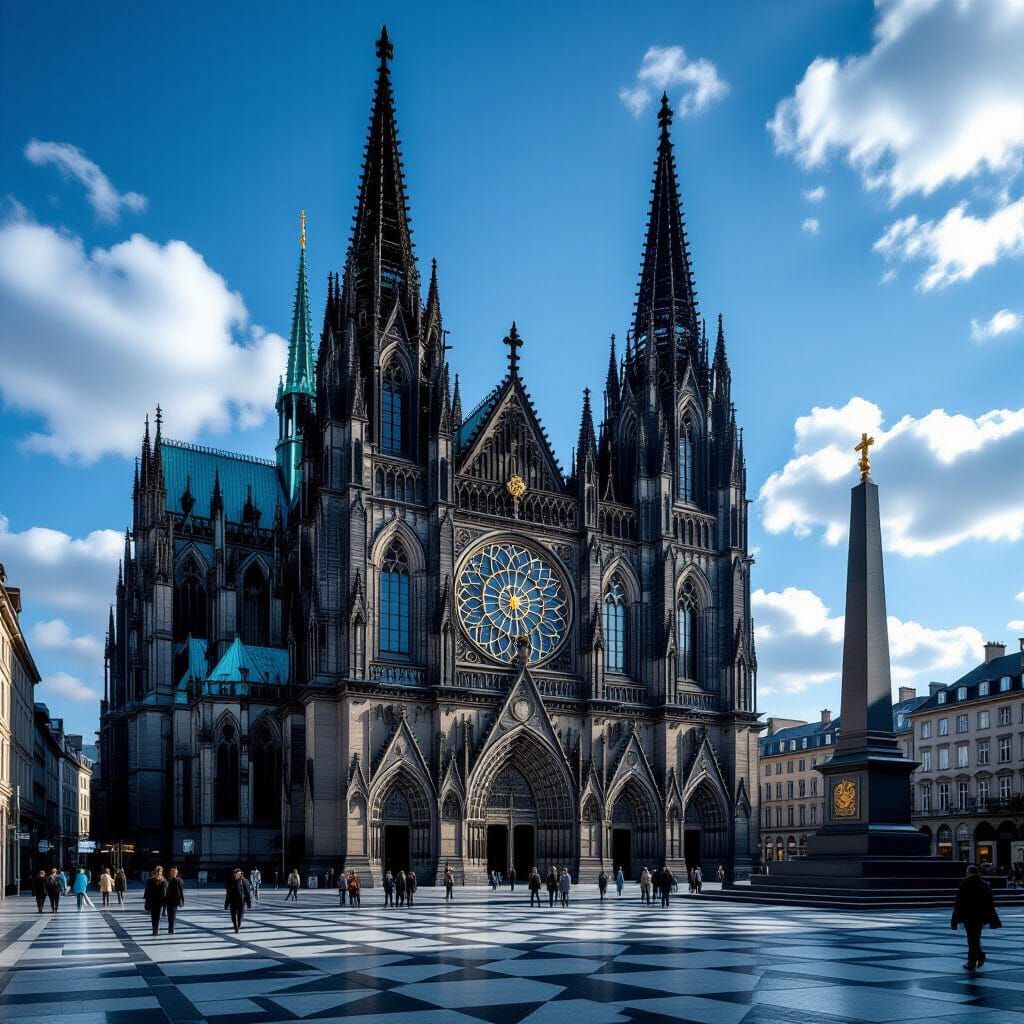 Gothic Cathedral & Modern Obelisk in Bustling Square