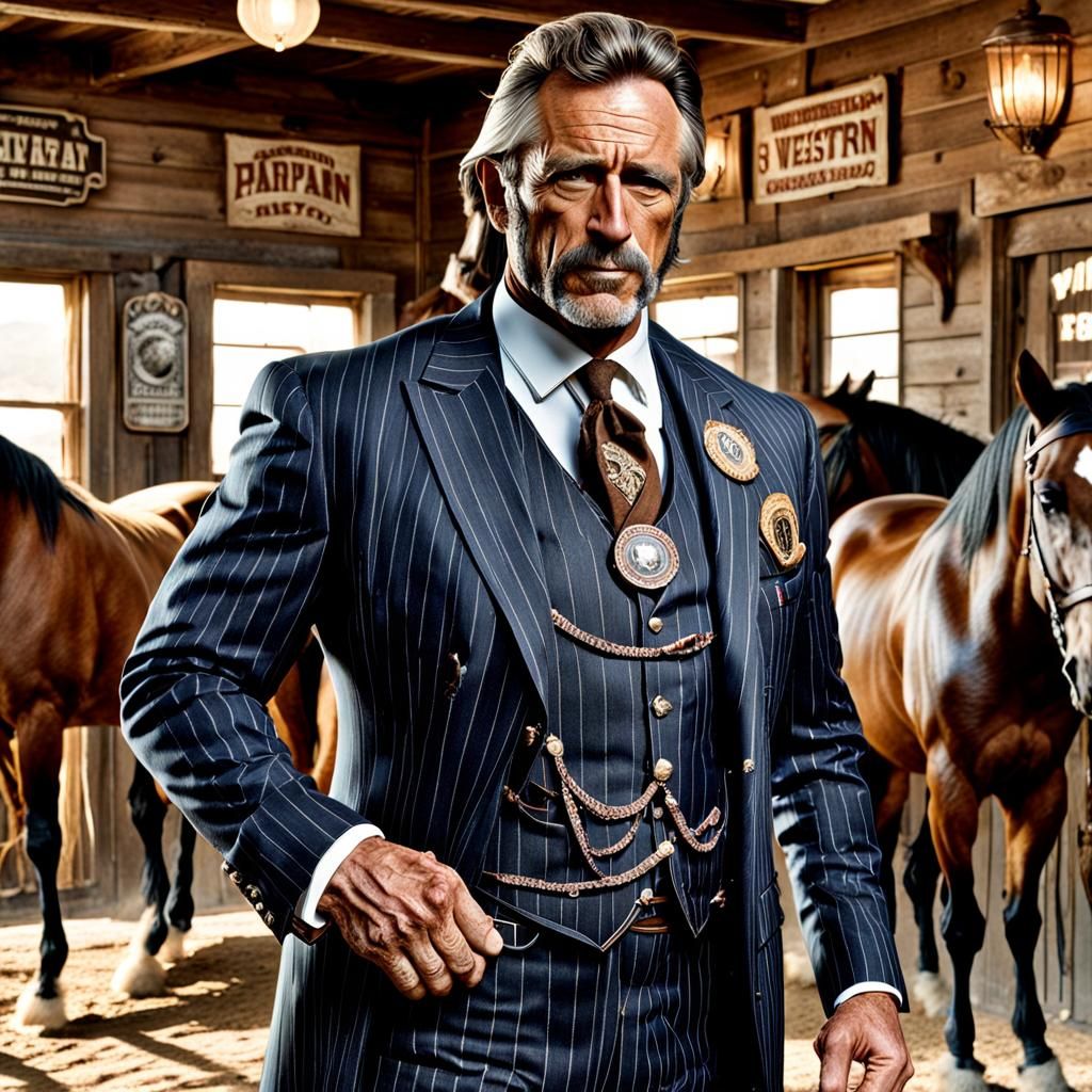 Hyperrealistic Portrait of Western Gigachad with Horse Badge