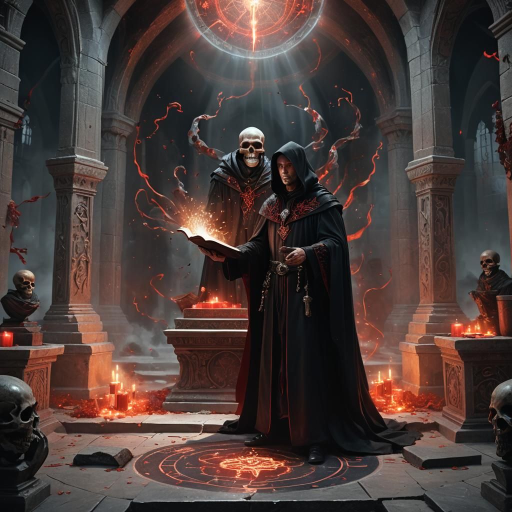 A necromancer casting dark magic in a tomb.