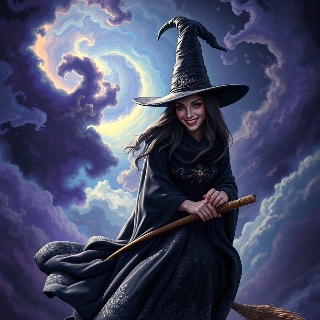 Mystical Witch Riding a Broom in a Dark Fantasy Sky