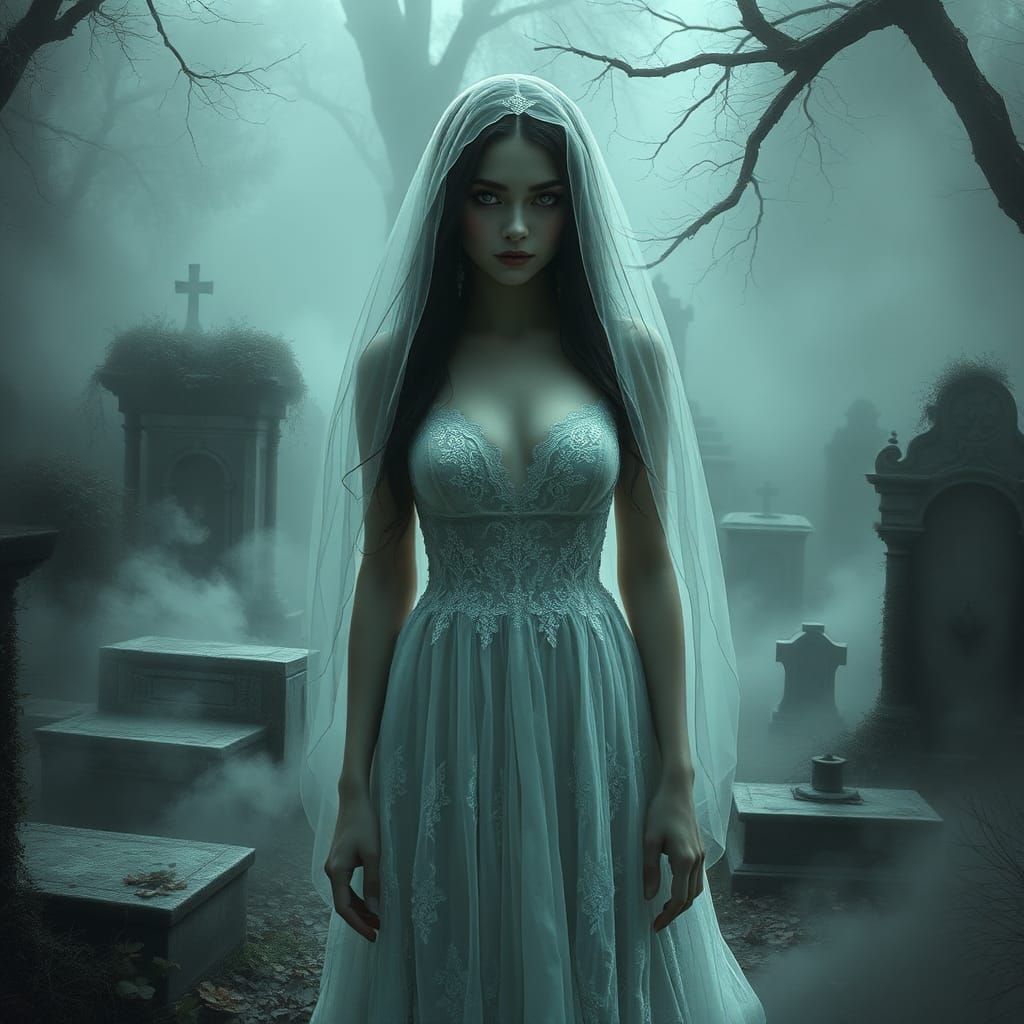Ethereal Maiden in Misty Cemetery