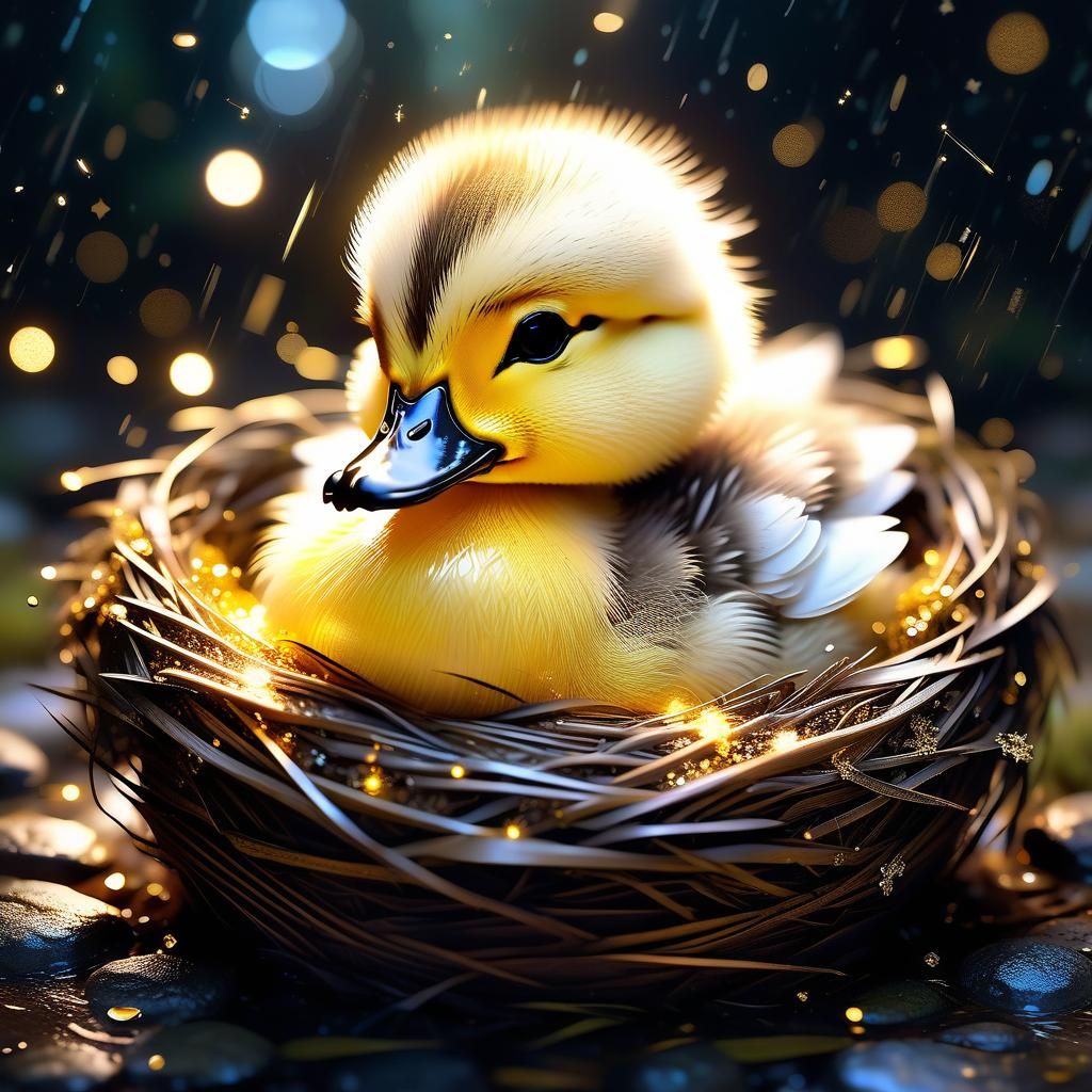 Adorable Chibi Duckling in Glittering Nest