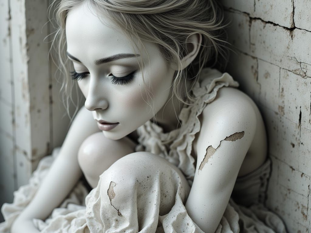 Delicate Porcelain Woman in Grayscale Digital Art