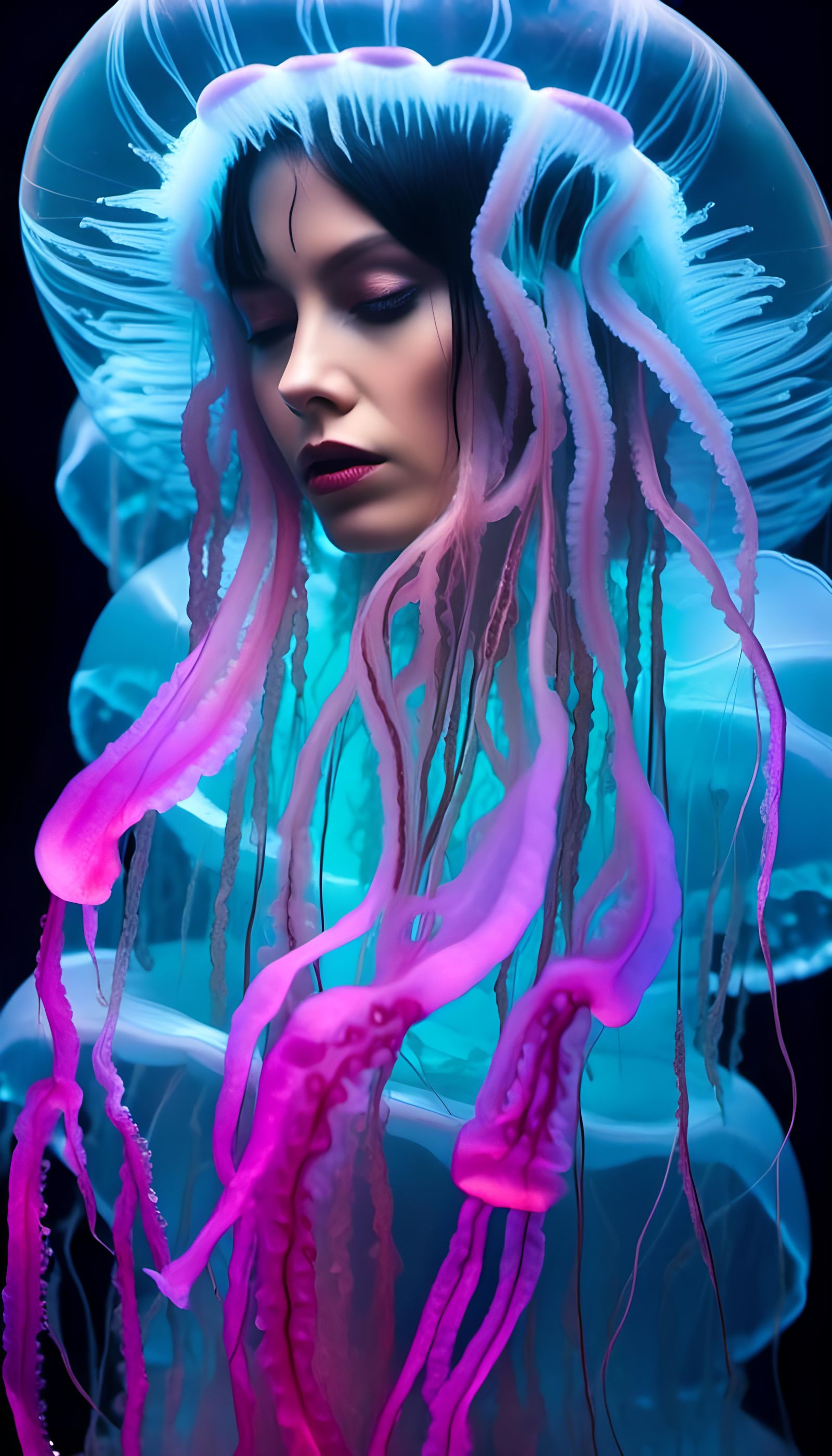 a glowing jellyfish, woman hybrid, in a liquid sinister background, shot on Hasselblad H6D-400c Multi-shot, Mitakon Spee...