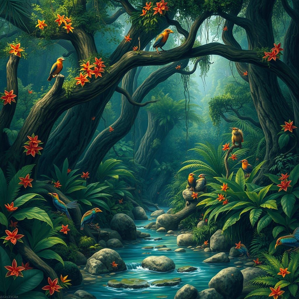 Lush Rainforest Scene Inspired by Rousseau and Ghibli
