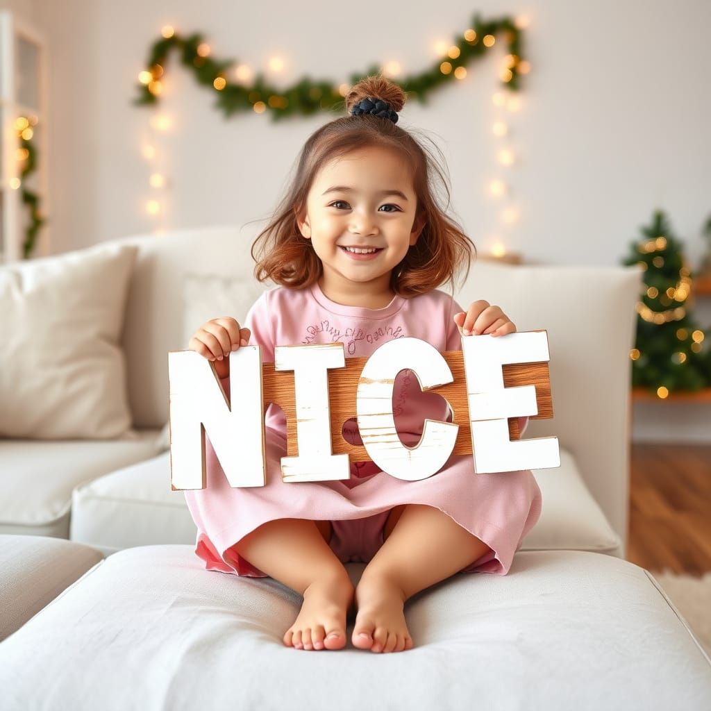 Cozy Living Room Portrait of a Happy Little Girl with a Wood...
