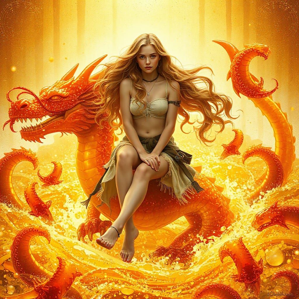 Young Woman on Gummy Dragon in Effervescent Sea