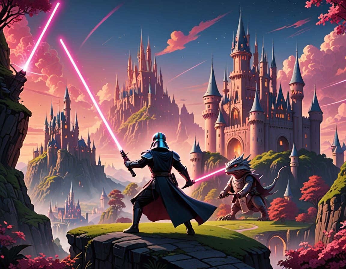 Jedi Knight Battles Dragon in Fairytale Illustration