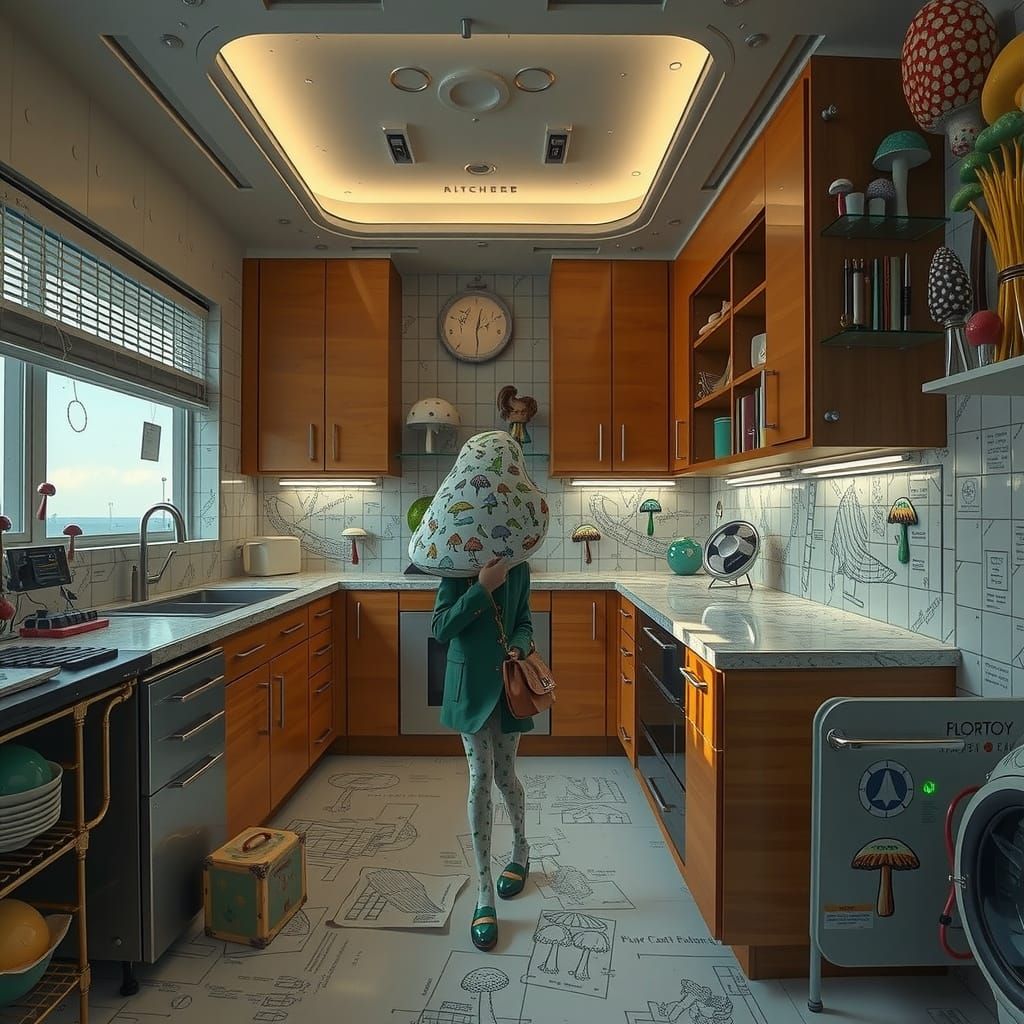 Surreal Mushroom Wonderland in Futuristic Brutalist Style