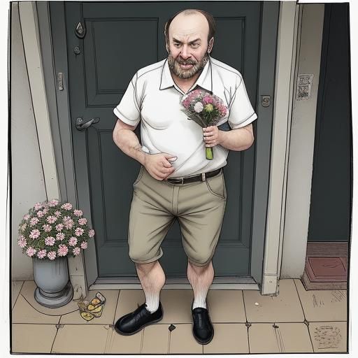 Humorous Cartoon: Man Knocks with Flowers