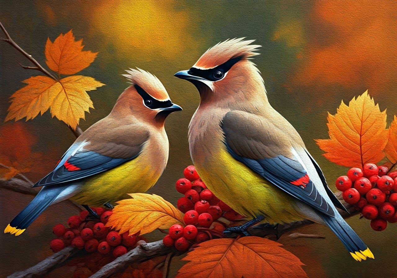 Cedar Waxwings in Impressionist Gouache Style