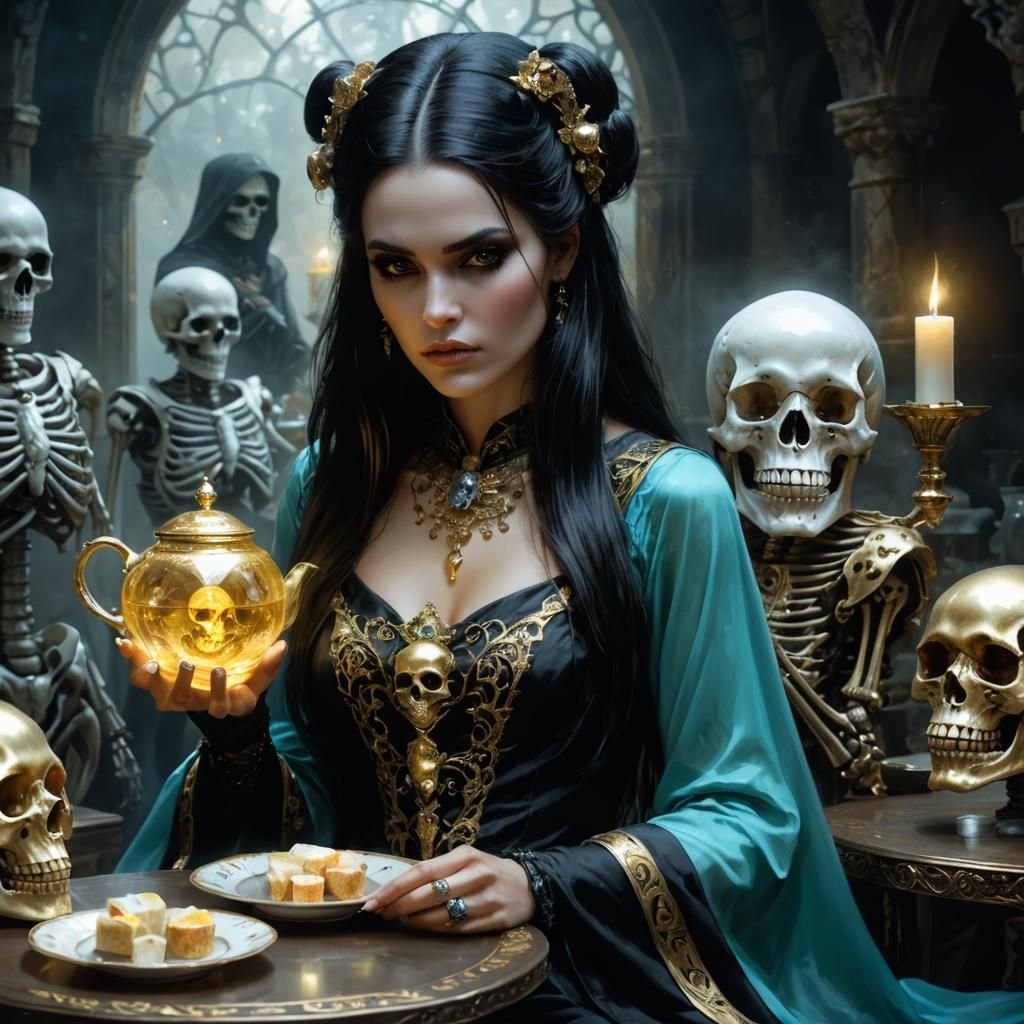 Necromancer Tea Party with Crystal Skull in Golden Light
