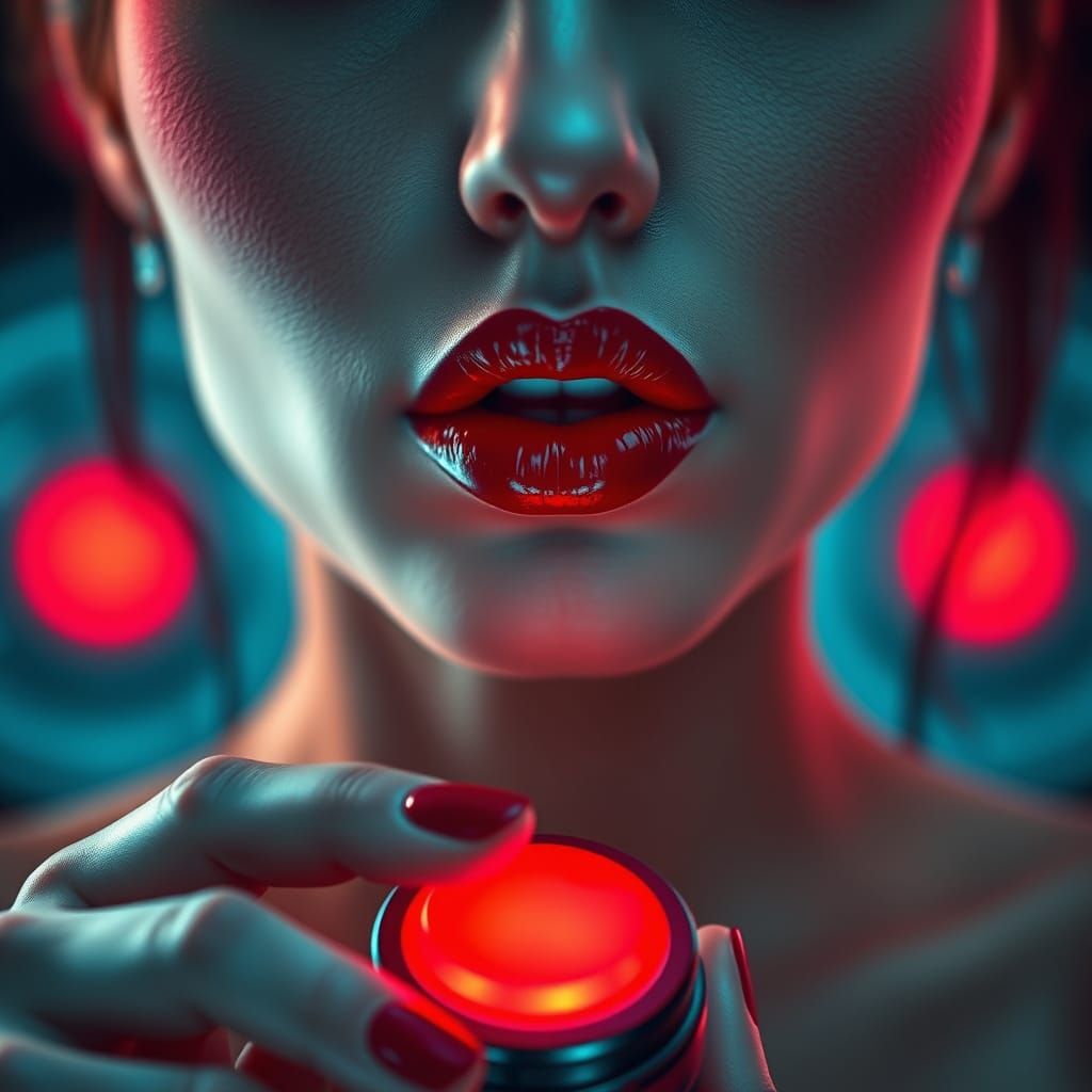 Seductive Futuristic Woman Warns Against the Red Button