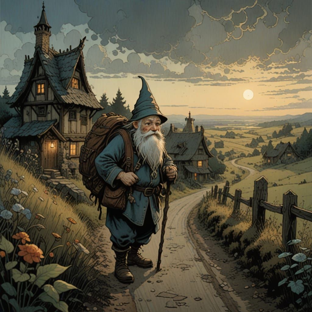 Gnome's Sunrise Departure: A Whimsical Journey Begins