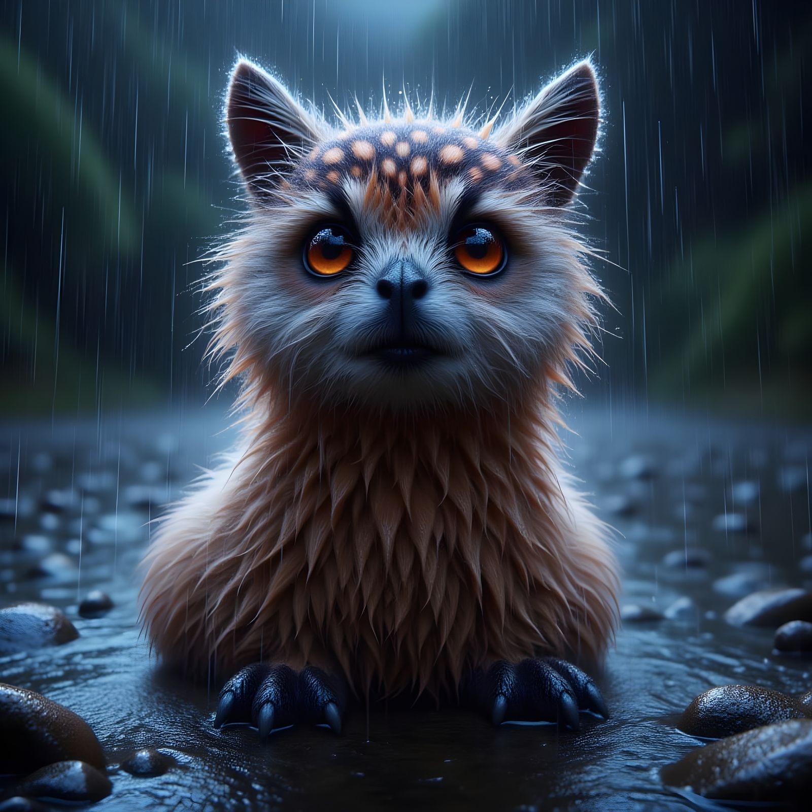 Surreal Llama-Owl Hybrid in Night Rain