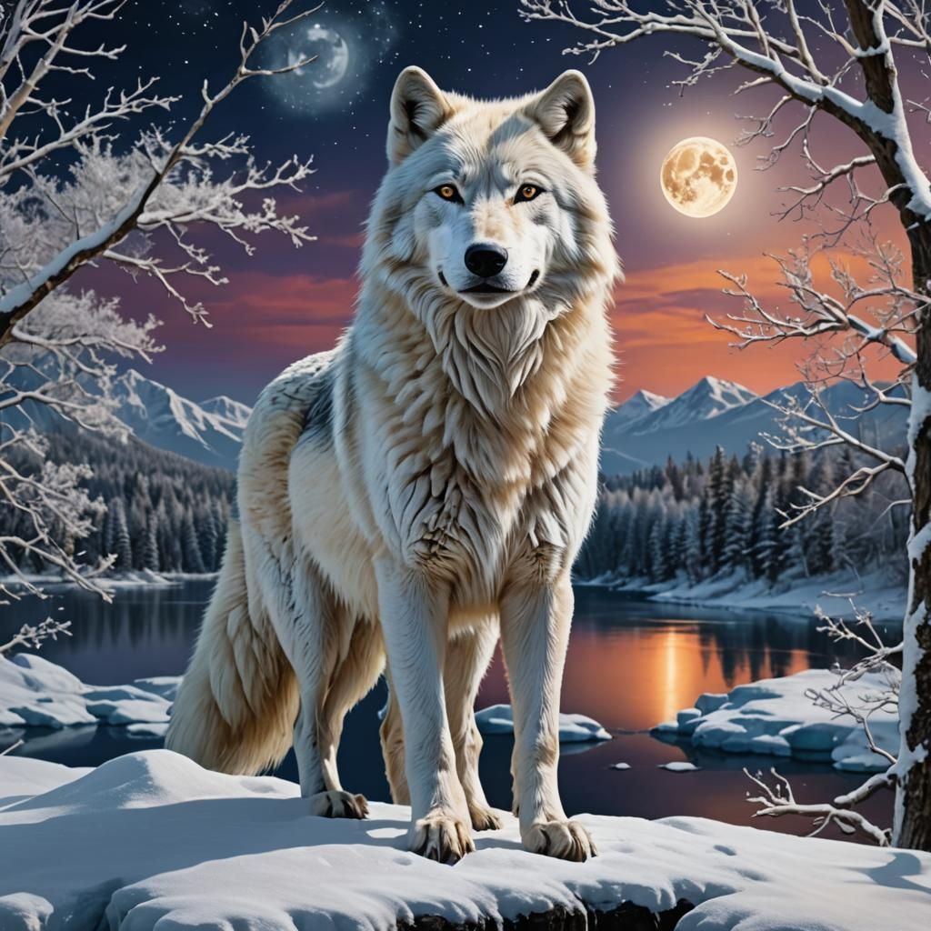 White Wolf Howling Under Crystal Moonlit Sky