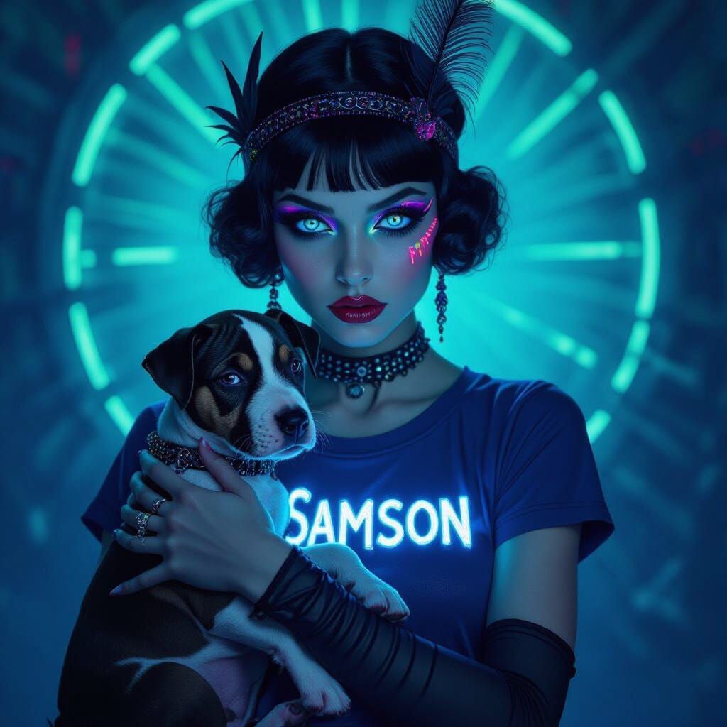 Bioluminescent Flapper Girl in Giger Style with Puppy