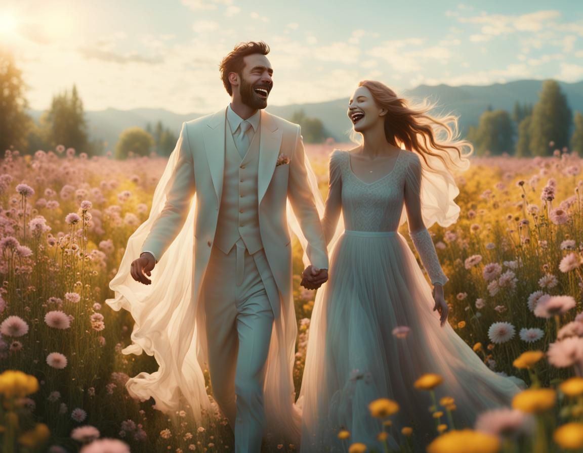 Laughing Ghost Couple in Sunny Flower Field