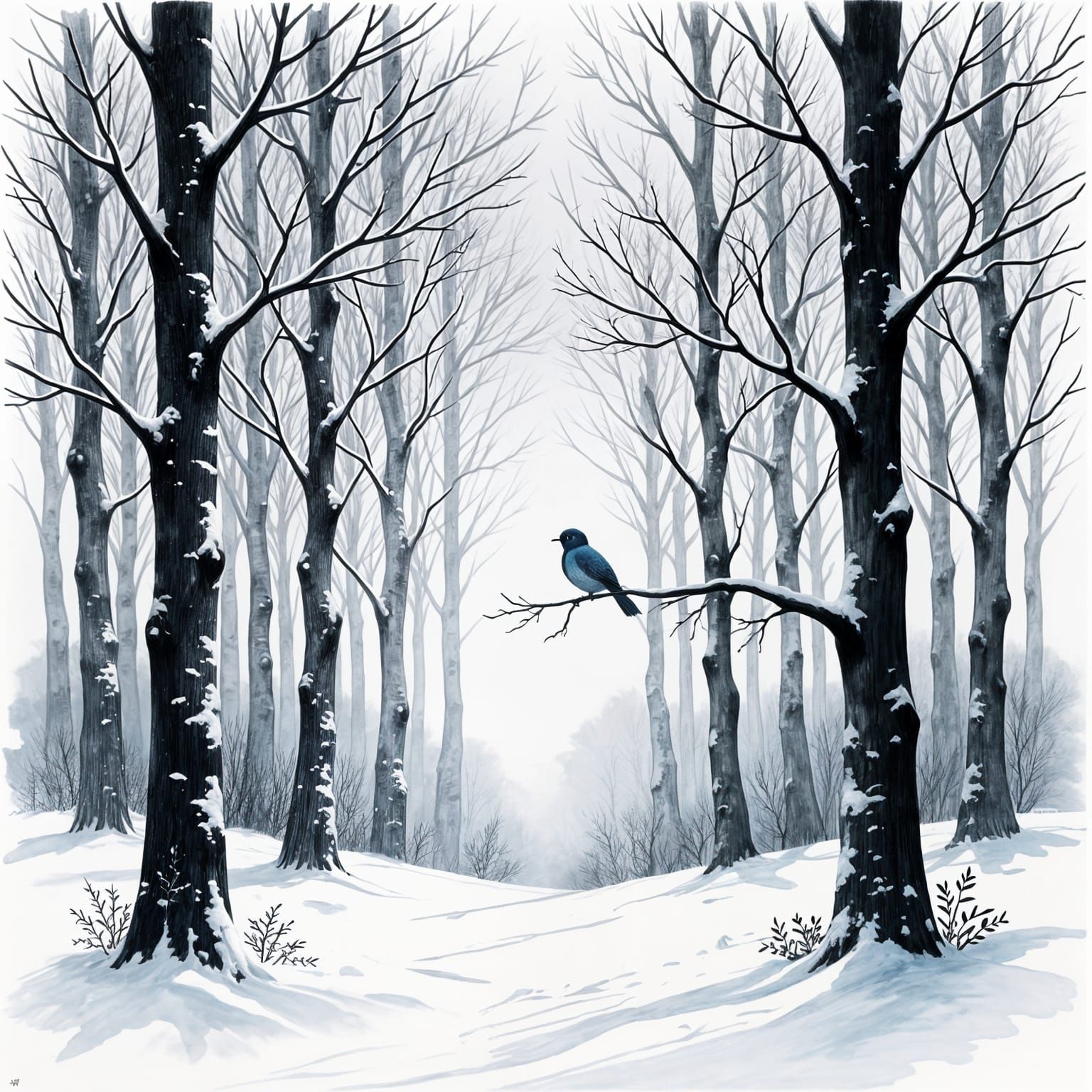 Minimalist Winter Forest Charcoal Drawing with Blue Bird