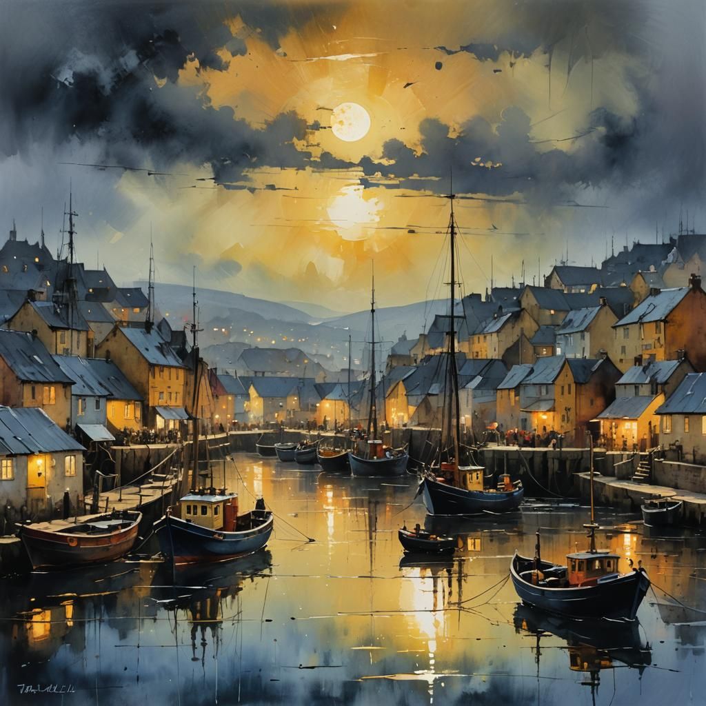 Vibrant oil painting. Close up Fishing boat in the harbour of a fishing town wit...