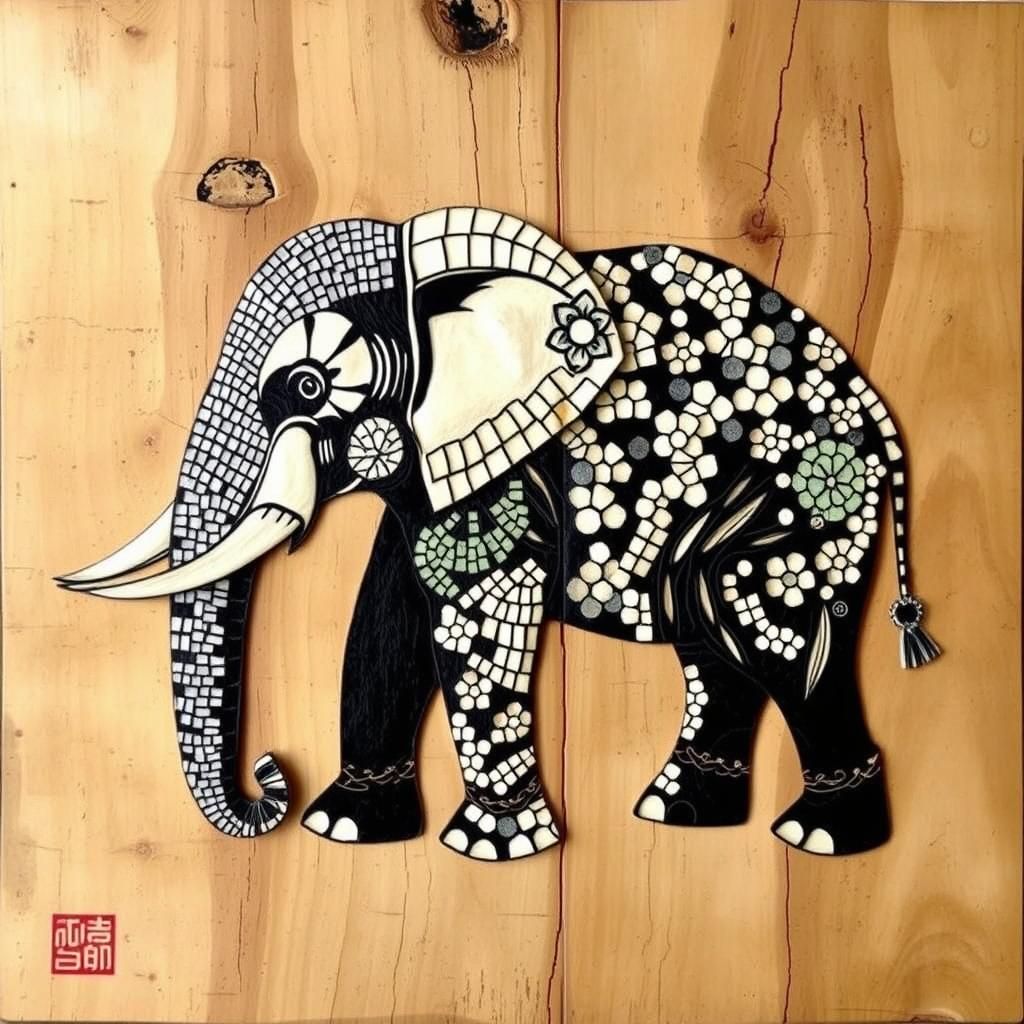 Mosaic Burned Wood Elephant in Shou Sugi Ban Style