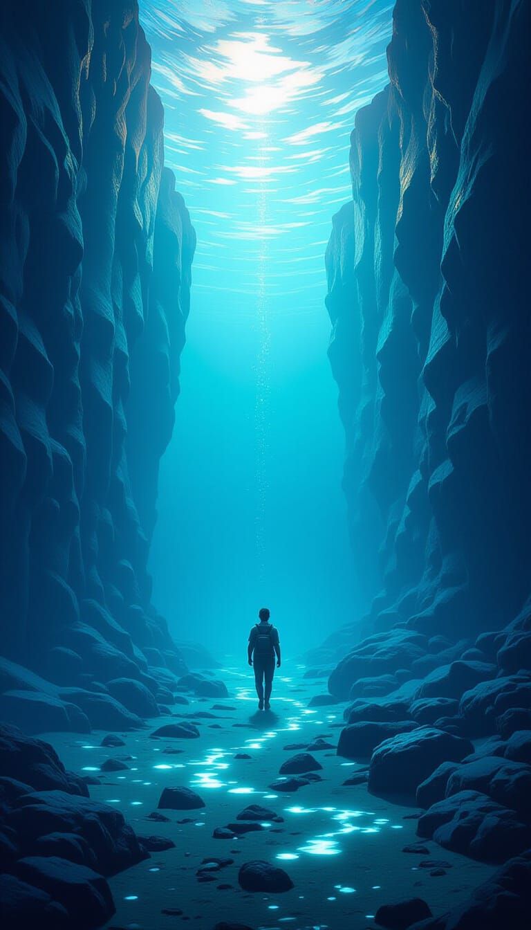Fisherman Navigates Giant Water Walls in Ethereal Ocean