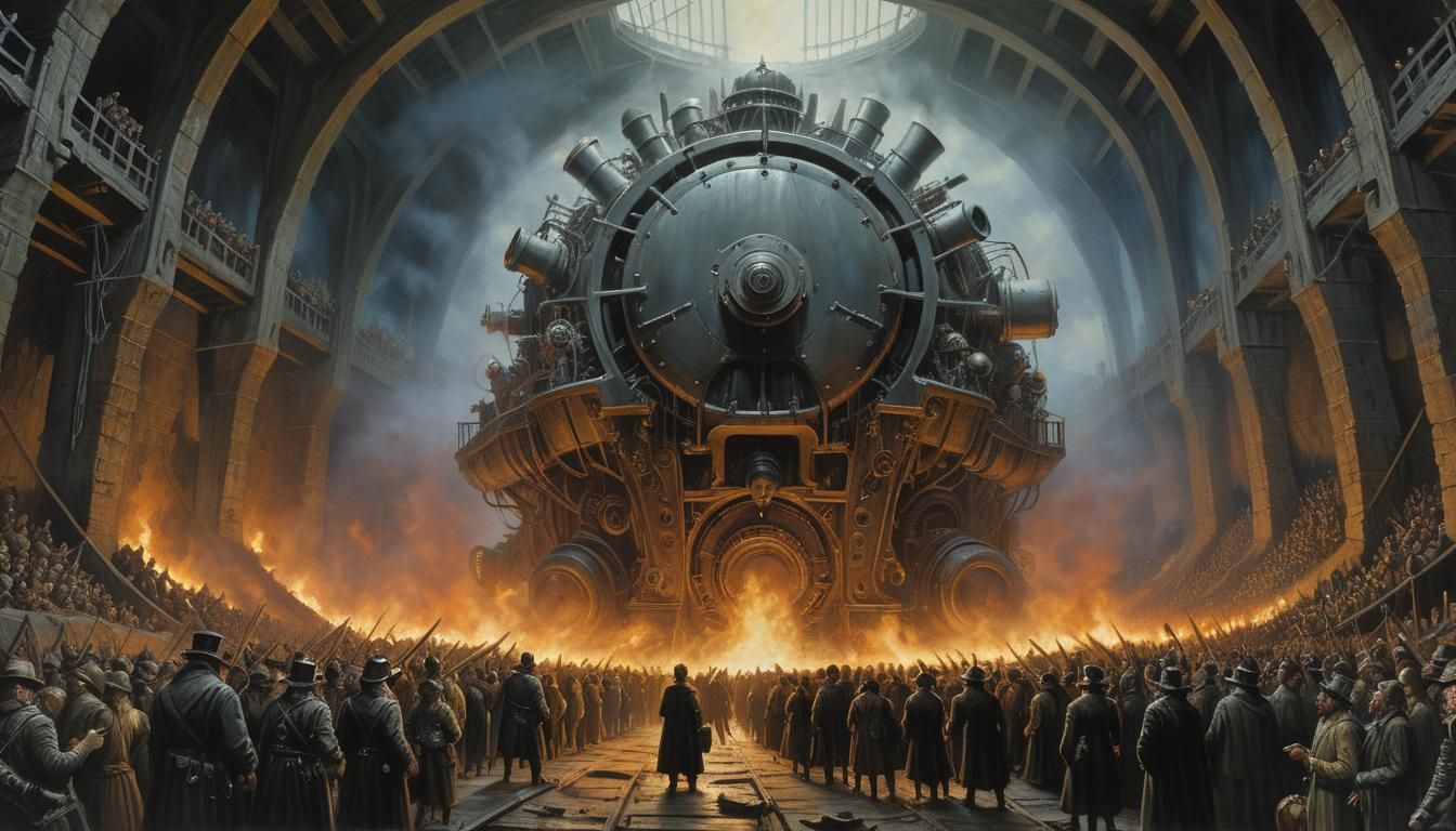 Violent Fans Overfill Cavernous Arena: Oil Painting