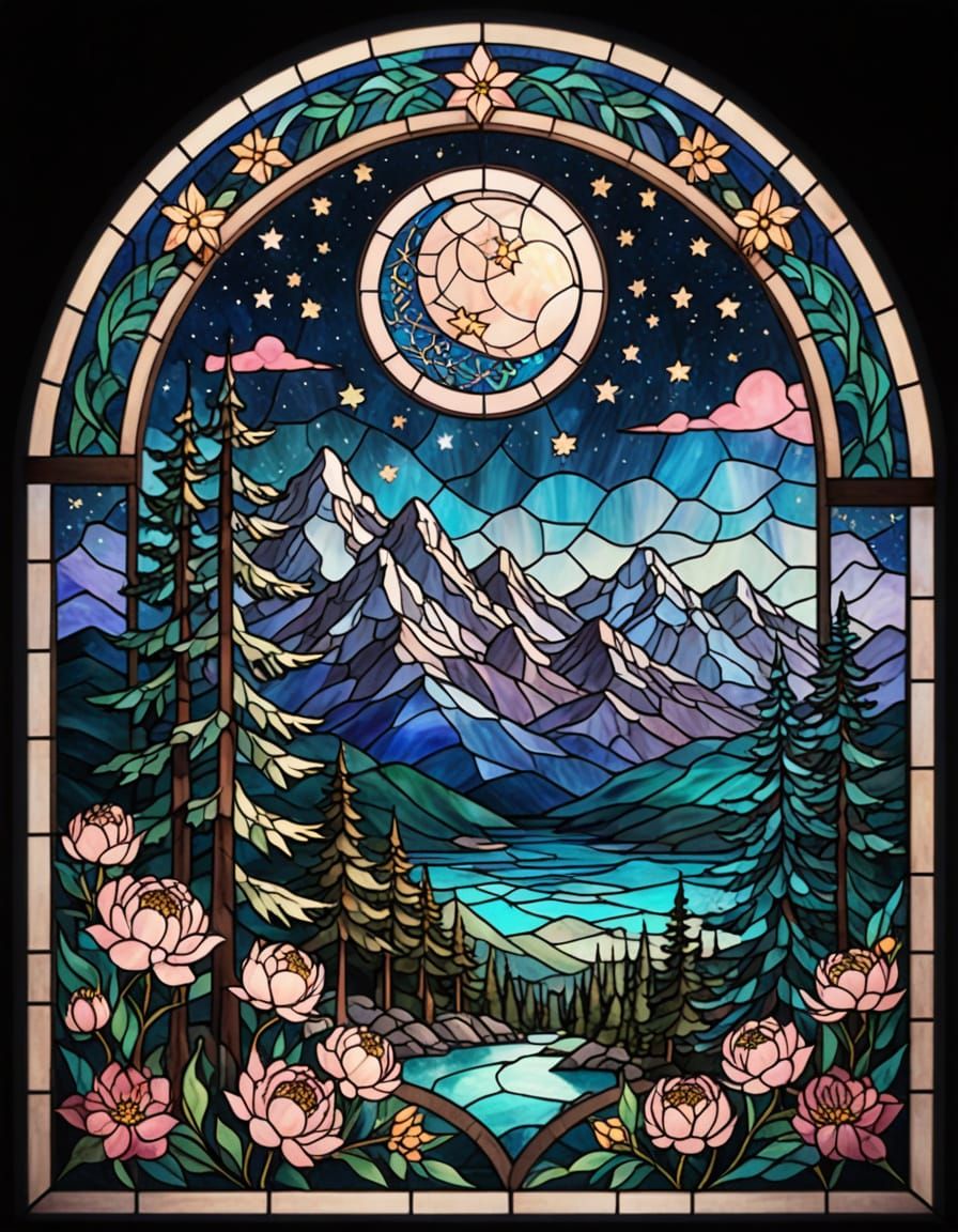 Magical Night Sky Stained Glass Window in Jewel Tones