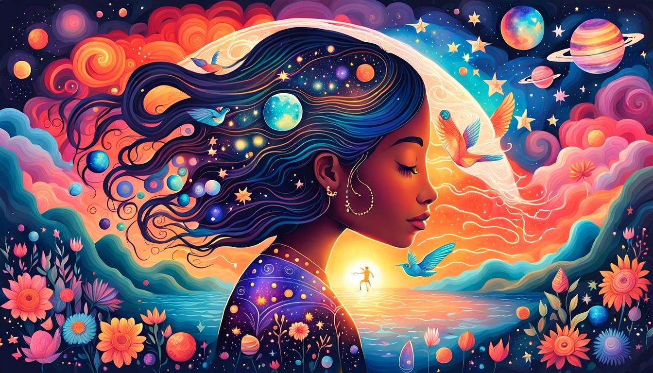 Dreamy Whimsical Illustration: Girl in Infinite Galaxy