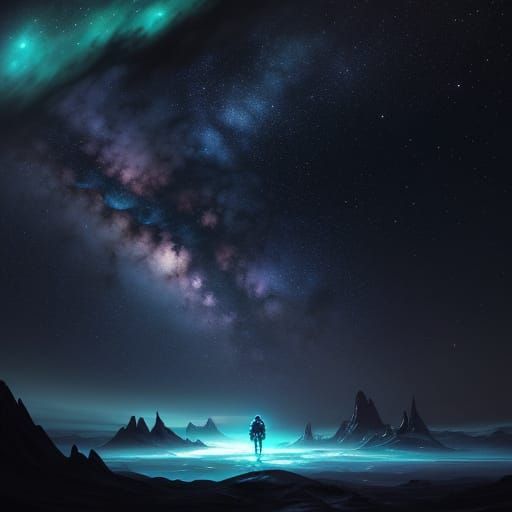 Astronaut Contemplates Nebula on Alien Planet